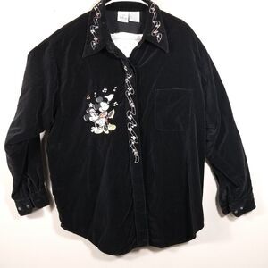 VTG Disney Store Button Front Shirt Women Large Black Velour Mickey Minnie Music